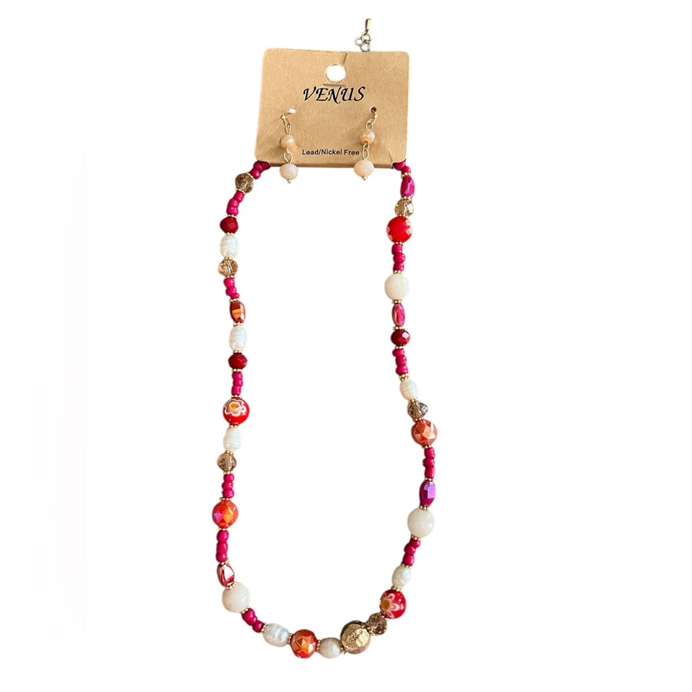 VENUS Vibrant Pink and Red Beaded Necklace and Earring Set